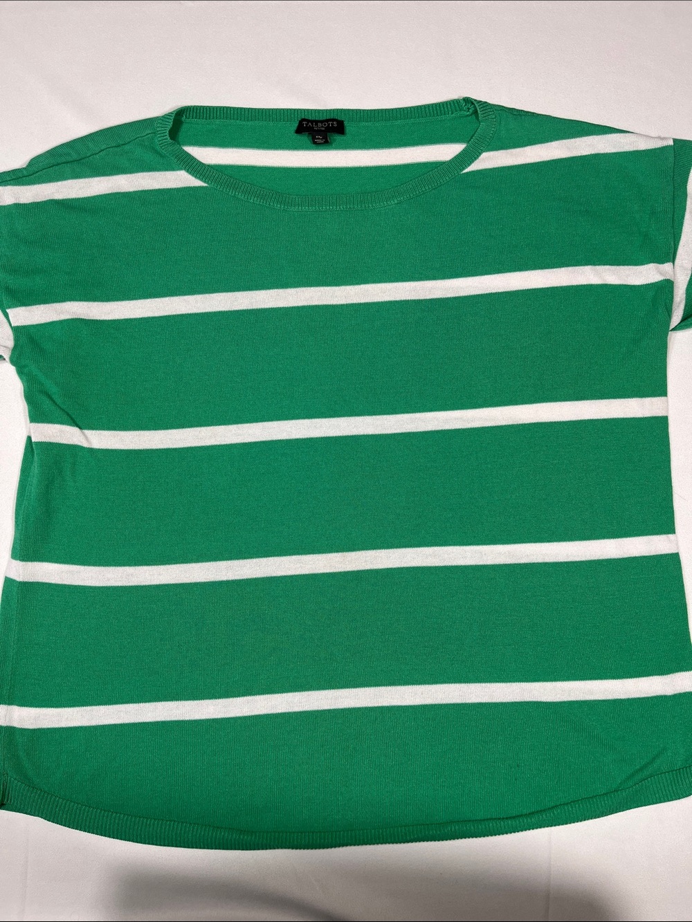 Talbots Petites MP Green White Striped Knit Sweater Short Sleeve Top
